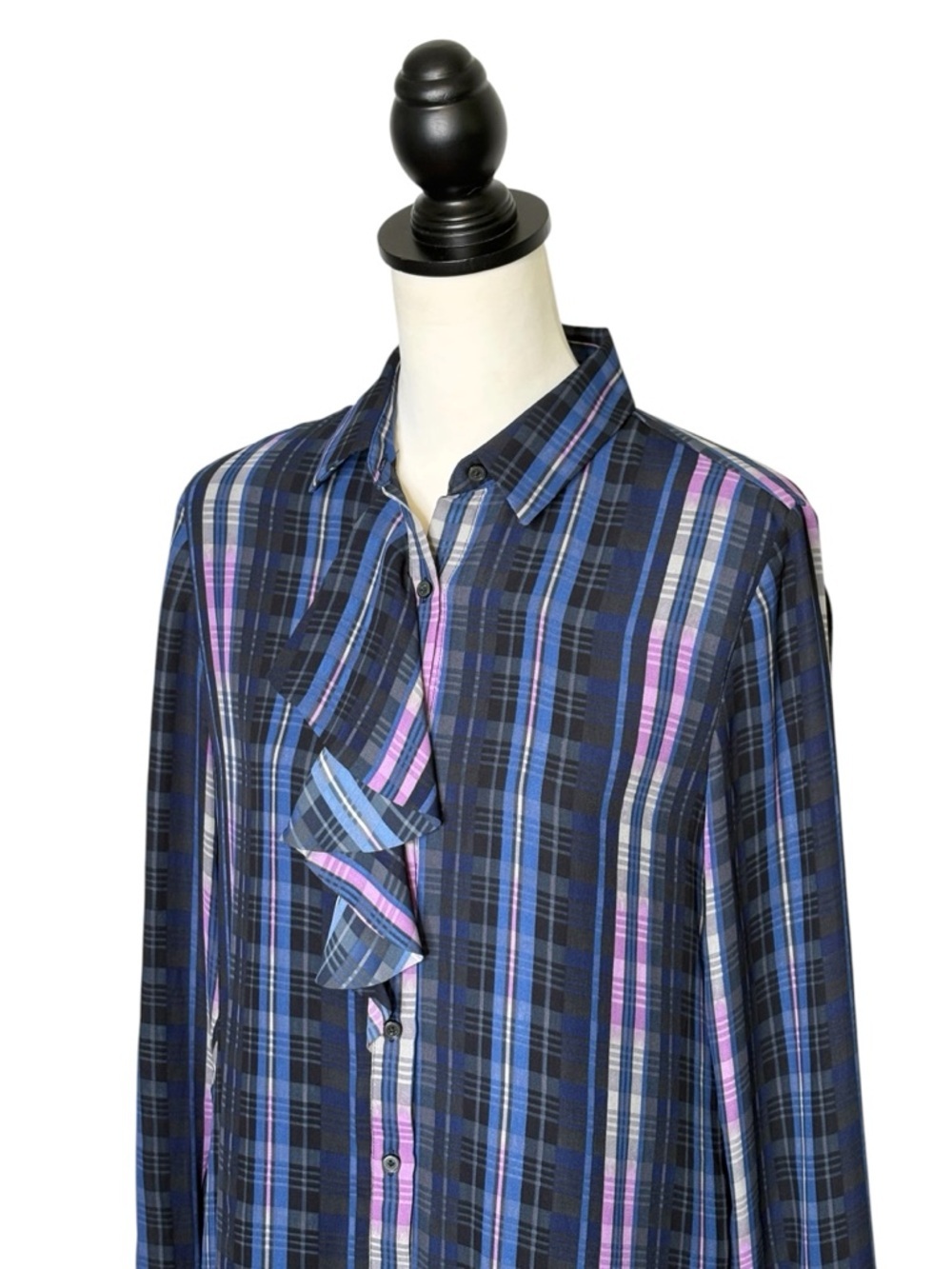 Banana Republic Plaid Ruffle Front Dillon Shirt Dress • Size S • Blue & Purple - Picture 2 of 9